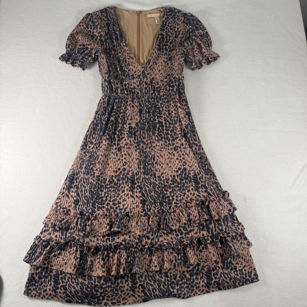 Hutch Leopard Print Pleated Midi Dress Womens XSP Brown Black Ruffle Puff Sleeve